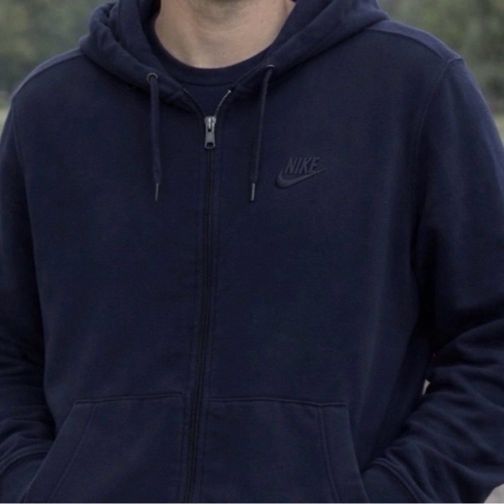 Nike Full Zip Hoodie Mens Medium Navy Blue Swoosh Sweatshirt Athletic Zip Up